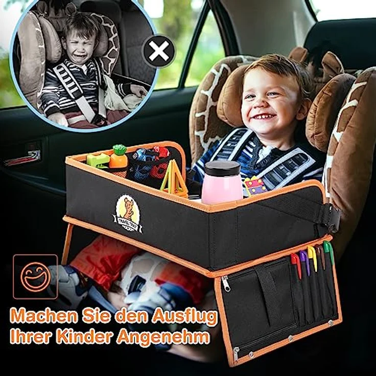lenbest Doppelfunktion Kinder Reisetisch, Knietablett Reisetisch（Auto Rückenlehnenschutz） mit Transparenter Zeichnungsfilm, 5 Zeichnungsplatten und 6 Farbpens - Schwarzes/Orange – Bild 6
