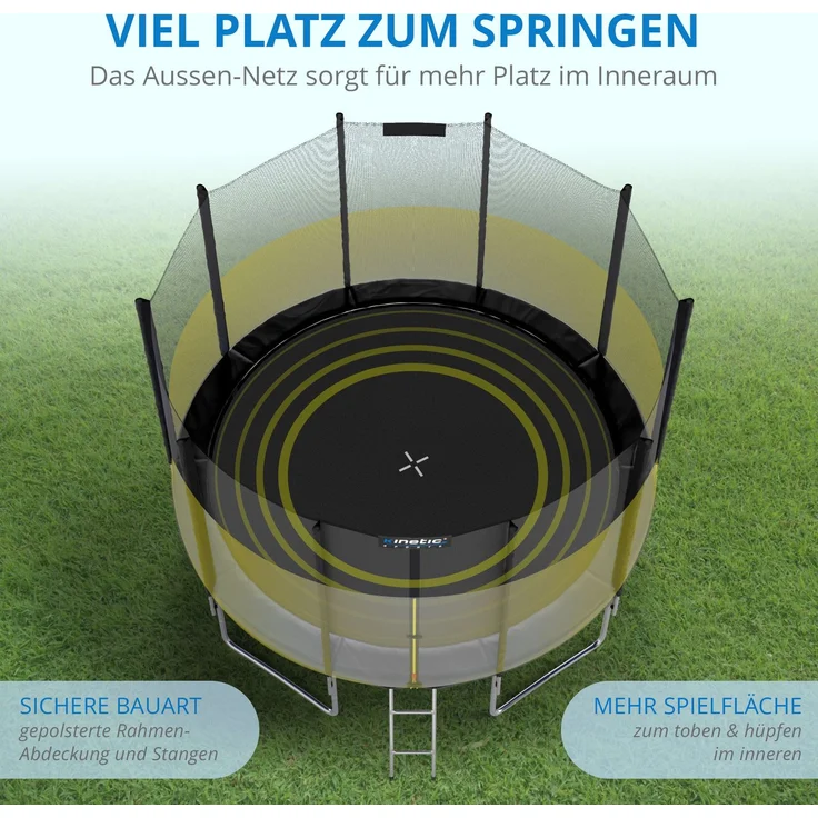 KINETIC SPORTS Trampolin Outdoor 'Salto Plus' - Komplett-Set für Kinder, USA Sprungtuch, Netz, Randpolster, Leiter, Schwarz-2, Ø 305 cm – Bild 5