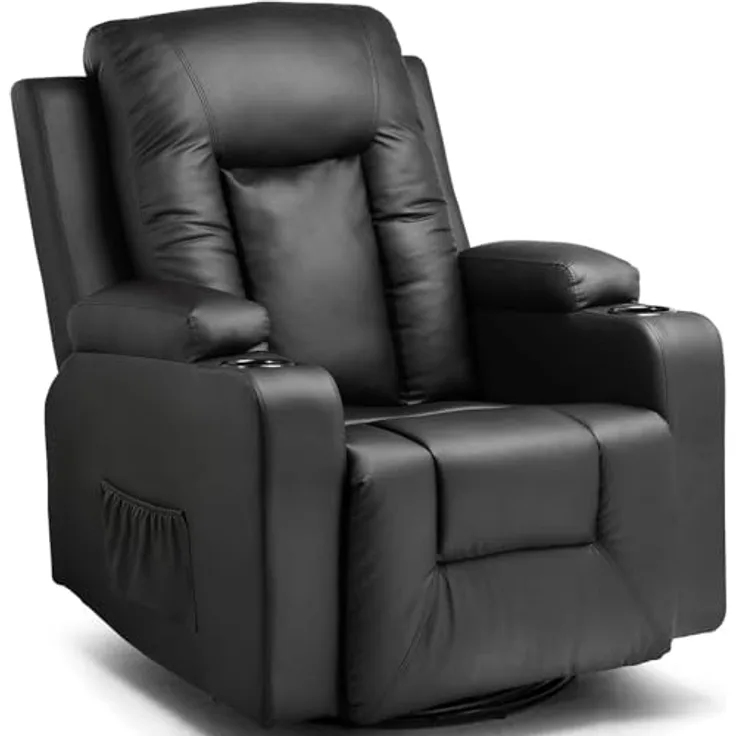 COMHOMA Relaxsessel Fernsehsessel mit verstellbarer Rückenlehne und Fußstütze,360°drehbarer Loungesessel aus PU-Leder mit Getränkehaltern und Seitentaschen,ergonomische Ganzkörperunterstützung,Schwarz