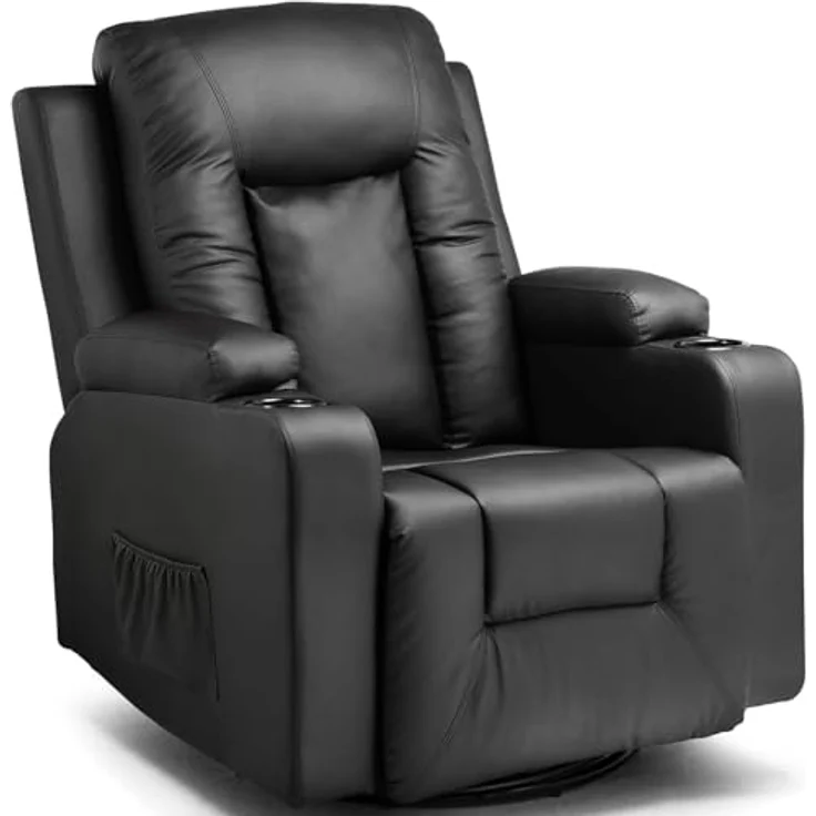 COMHOMA Relaxsessel Fernsehsessel mit verstellbarer Rückenlehne und Fußstütze,360°drehbarer Loungesessel aus PU-Leder mit Getränkehaltern und Seitentaschen,ergonomische Ganzkörperunterstützung,Schwarz – Bild 1