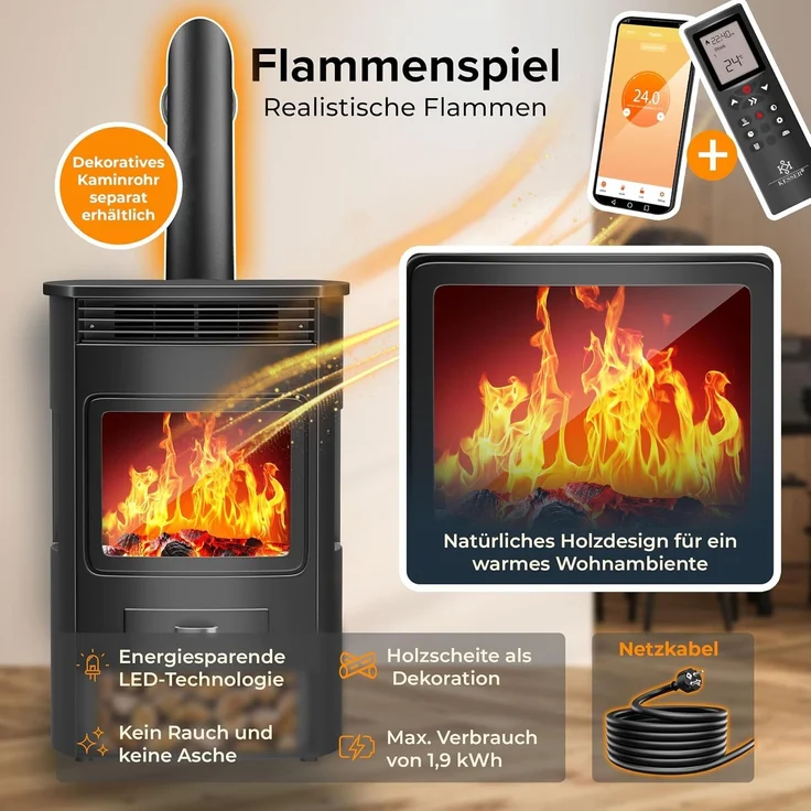 KESSER® Prio Elektrokamin mit Heizung Heizlüfter Fernbedienung WiFi App 950/1900 W Kamin elektrisch LED-Flammeneffekt Kaminfeuer Elektro Kamin mit Thermostat Panorama-Sichtfenster Heizfunktion Timer Schwarz, Xtra-Large – Bild 7
