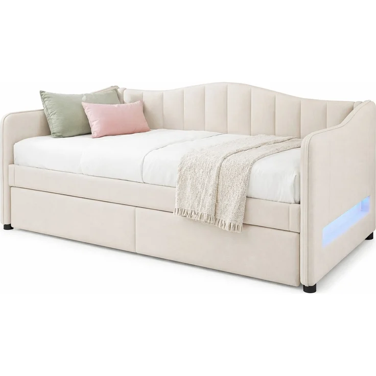 CHICFURN Bett aus Leinen, Beige, 90x200 cm, mit Ausziehbett und LED-Beleuchtung – Bild 7