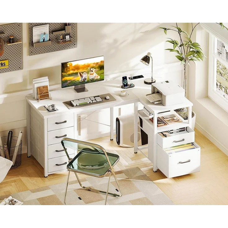 LuxusKollektion Eckschreibtisch mit Schubladen, L Form, Spanplatte Weiß, 140 x 70 cm – Bild 2