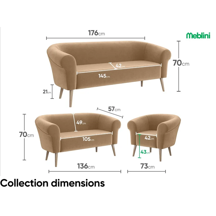MEBLINI Mini Sofa Set 3-2-1 für Wohnzimmer - Mini Lounge für sechs Personen - Küchensofa - Sofa Klein - Sitzgarnitur - Polstergarnitur - Sofagarnituren - EMILIA - 3+2+1 - Beige Samt – Bild 7