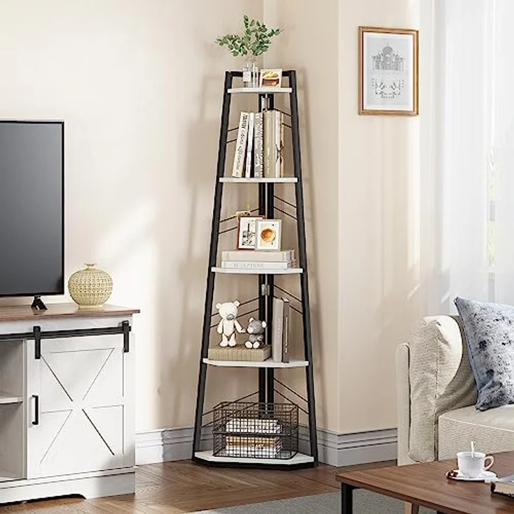 YITAHOME 5-Stöckiges Eck-Bücherregal - Industrielles Freistehendes Leiter-Bücherregal, Modernes Offenes Holzregal für Wohnzimmer, Diele, Home Office, Weiß – Bild 2
