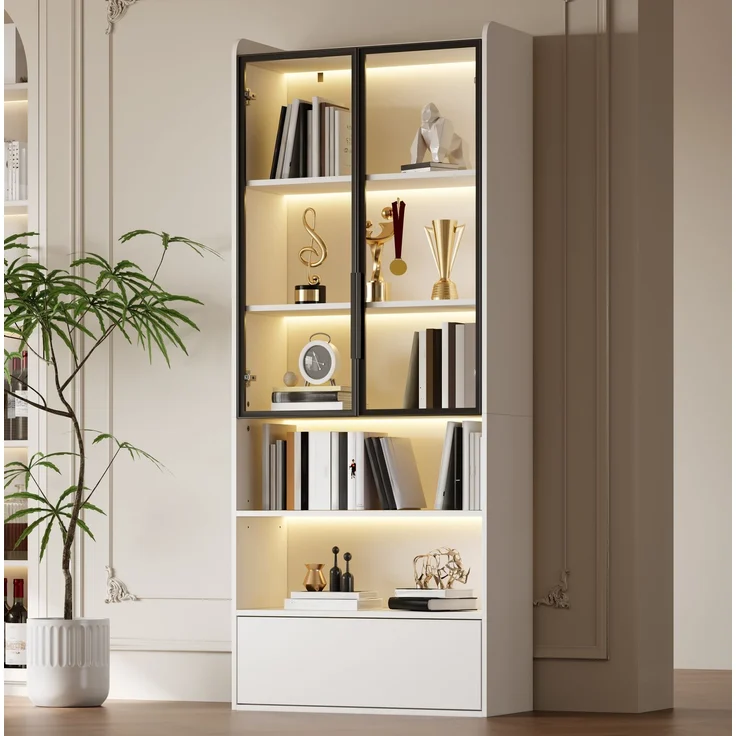 Vitrine 80 x 34 x 180 cm in Weiß mit Glastür, Schublade und LED-Beleuchtung – Bild 2