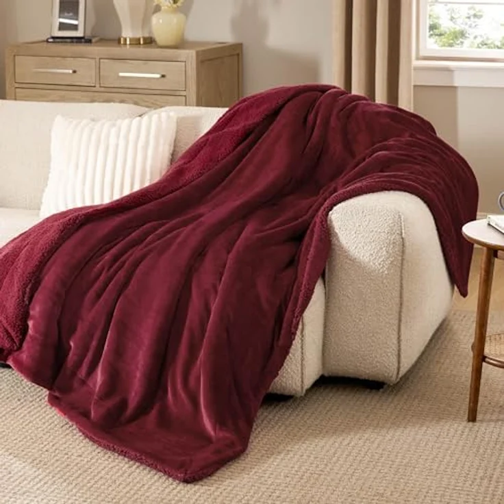 BEDSURE Decke Sofa Kuscheldecke Rot - warm Sherpa Sofaüberwurf Decke, Dicke Sofadecke Couchdecke, 150x200 cm XL Flauschige Wohndecke für Couch – Bild 7