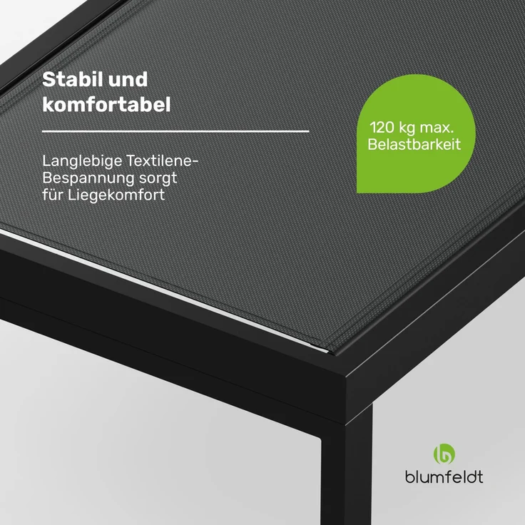 Blumfeldt Lucca Sonnenliege - Verstellbare Rückenlehne, Wetterfest & Leicht, Garten & Balkon Liegestuhl, 120kg Kapazität, Aluminiumrahmen, ComfortMesh, 5 Positionen, 8,1kg, Dunkelgrau – Bild 6