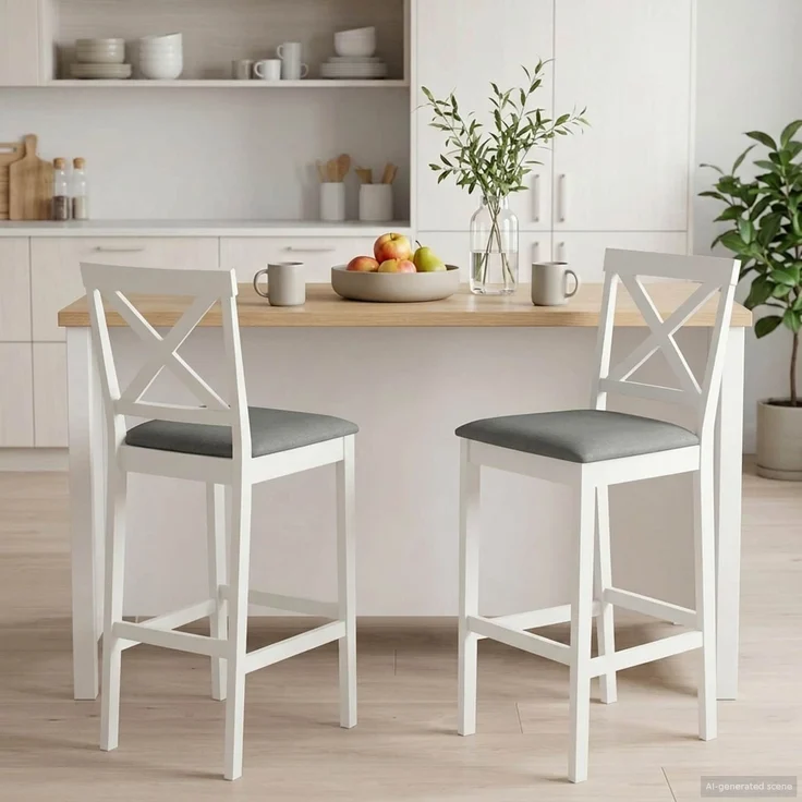 vidaXL Barhocker 2 stk. Weiß und Grau Massivgummi Holz und Stoff 42047609 – Bild 1