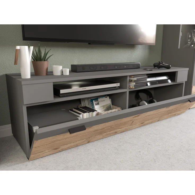 Xonox 'Freno' Wohnwandkombination, 4-teilig, Holzwerkstoff grau / nox eiche, 290 x 40 x 194 cm – Bild 6