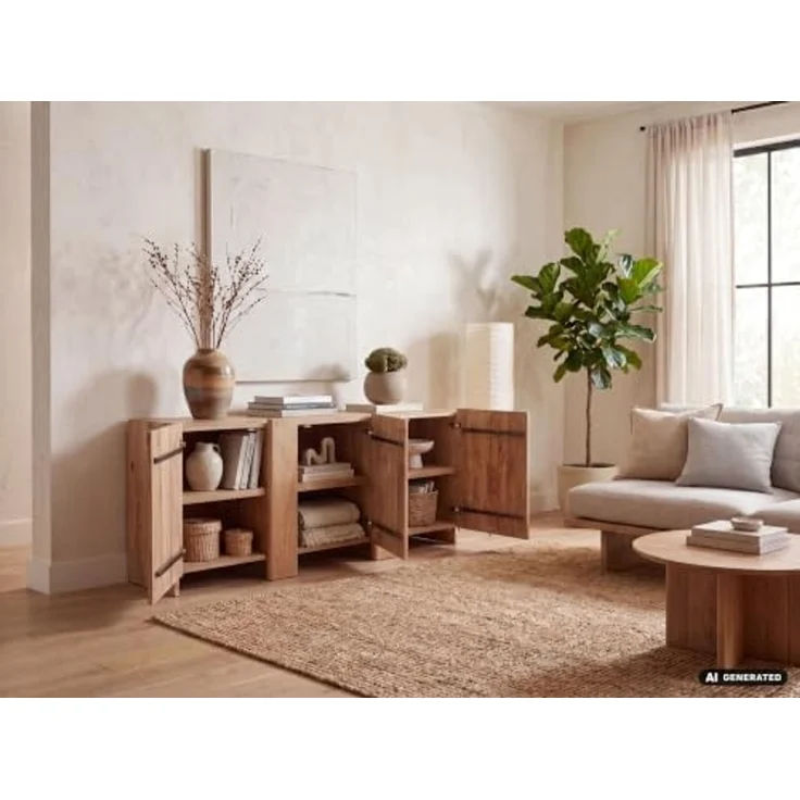 FINEBUY Sideboard FB119495 Anrichte 165cm Wohnzimmer Schrank Esszimmer Groß Modern (Massive Kommode aus Akazienholz mit 3 Türen), Braune Holzkommode mit 6 Fächern Handmade – Bild 4