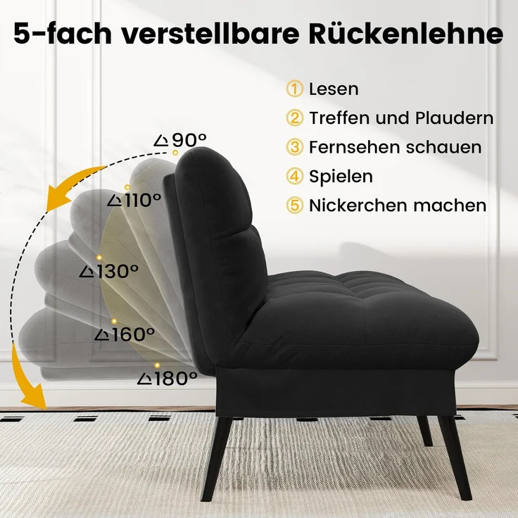 COMHOMA Sofa Schlafsofa mit Schlaffunktion, überzug Futon Klappsofa, Bettcouch, ecksofa, Couch Gästebett, 3-Sitzer Sofa, mit verstellbare Rückenlehne aus Stoff Schwarz – Bild 4