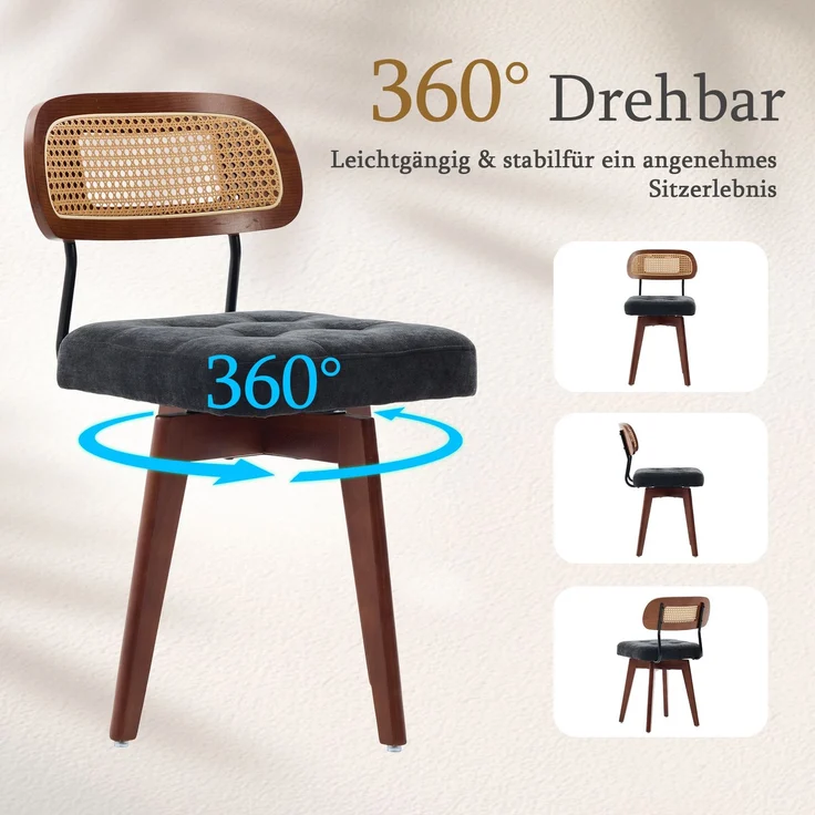 LVHOM 2er-Set Esszimmerstühle 360° Drehstuhl, Polsterstuhl in Rattan-Optik mit Chenille Kissen, stabiler Küchenstuhl mit Metallbeinen, Schwarz – Bild 4