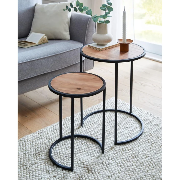 2x Beistelltisch rund aus Metall & Holz, 40 + 50 cm hoch, Blumentisch, Satztische – Bild 1