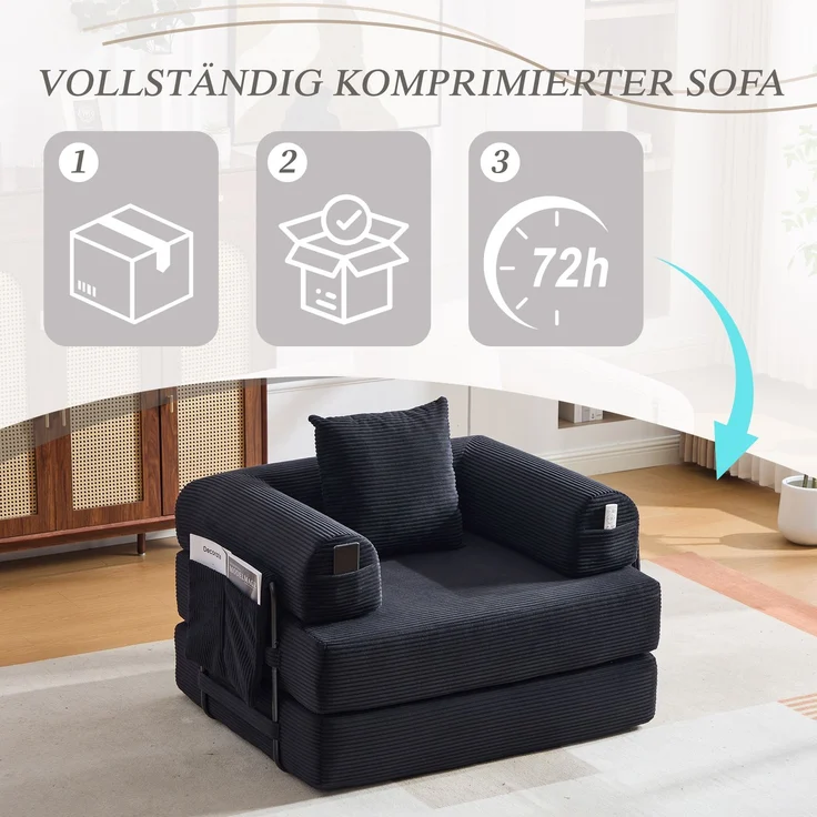 LVHOM 3-in-1 Schlafsessel, Klappsofa mit Schlaffunktion, Einzelschlafsofa mit Seitentaschen und Kissen, Polstersofa aus Cordstoff, frei Kombination, Schwarz – Bild 8