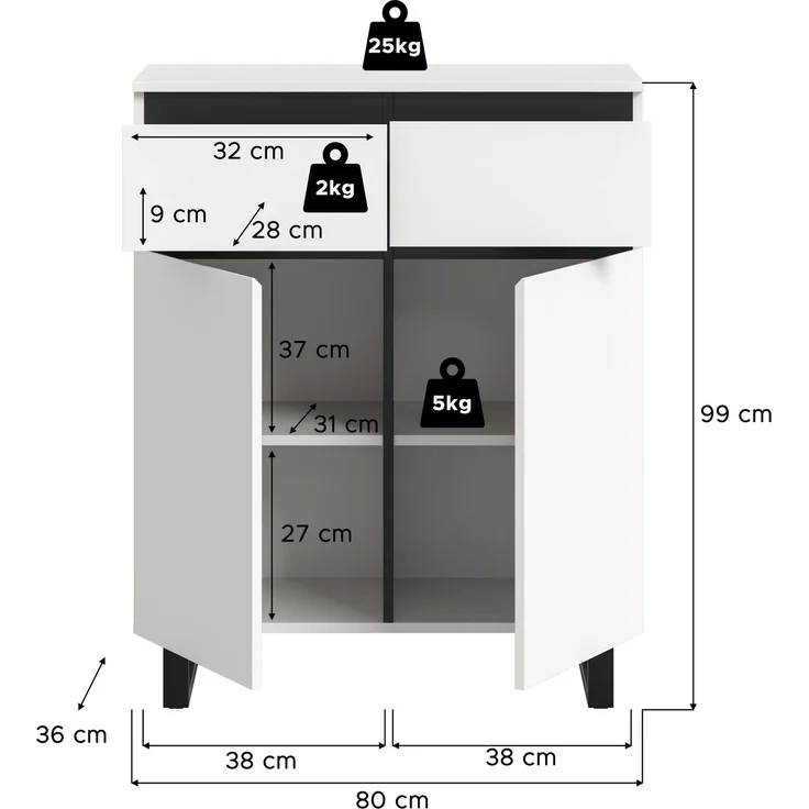 Kommode B/H/T: 80x99x36 cm in weiß Melamin und schwarz – Bild 4