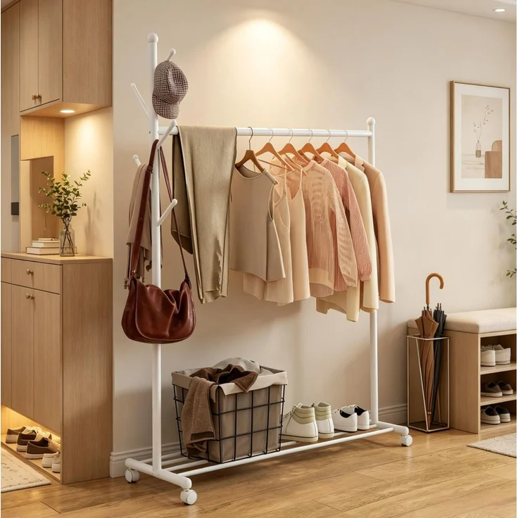 DESVIAE Regal als Garderobenständer Weiß aus Metall – 120x171x43 cm – Rollen, Schuhablage – Bild 1