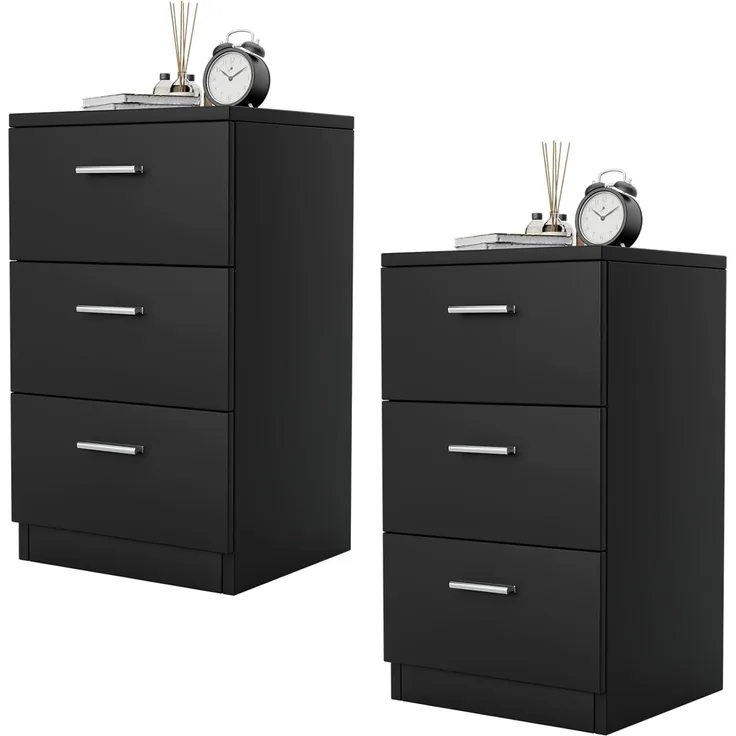 COSTWAY Nachtschrank Holz, Nachttisch für Boxspringbett, 38 x 35 x 66 cm, Nachtkommode Nachtkonsole mit 3 Schubladen, Beistelltisch Aktenschrank (Schwarz, 2er Set)