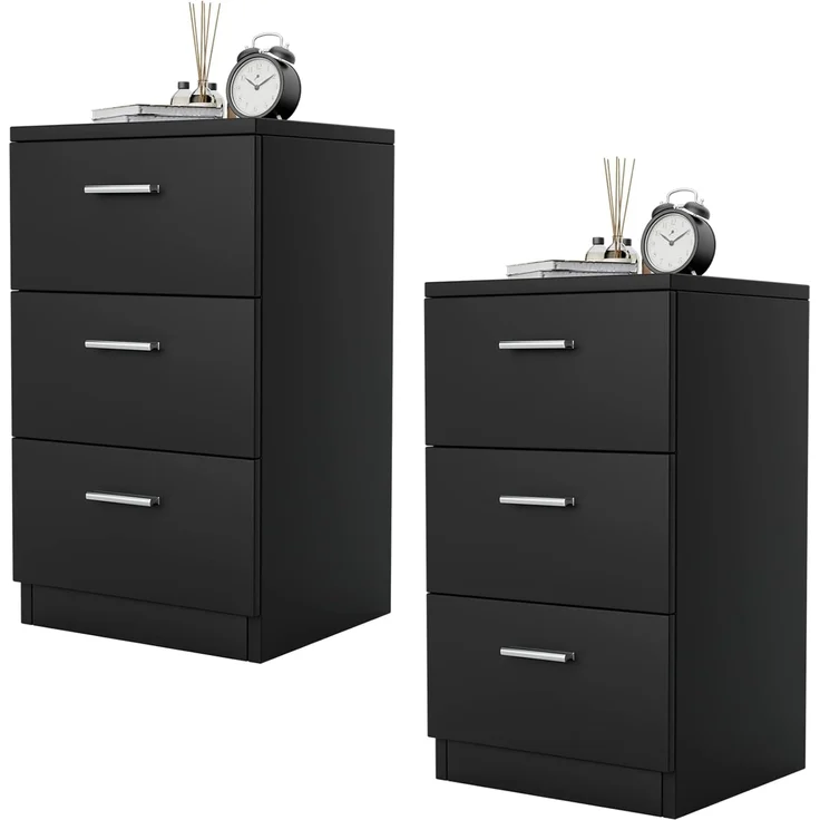 COSTWAY Nachtschrank Holz, Nachttisch für Boxspringbett, 38 x 35 x 66 cm, Nachtkommode Nachtkonsole mit 3 Schubladen, Beistelltisch Aktenschrank (Schwarz, 2er Set)