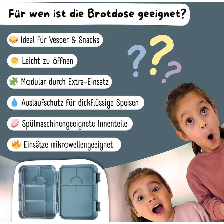 BEARFOOT Lunchbox Brotdose Kinder mit Fächern, Lunchbox, Bento box - Blau, handgezeichnete Designs, modular – Bild 3
