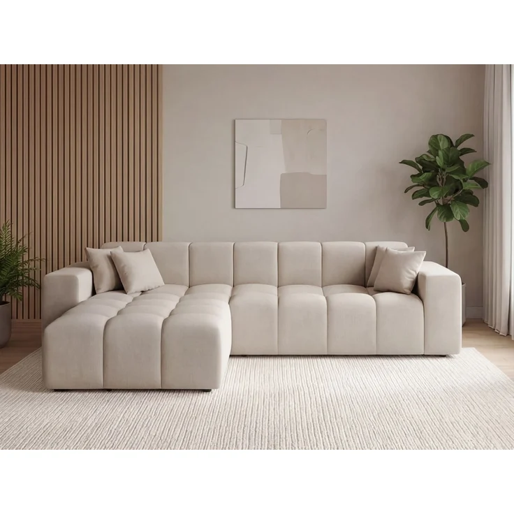 GRAINGOLD Ecksofa Loopo, Couch L-Form mit Wellenfeder, Velour-Stoff, Beige, Links – Bild 1