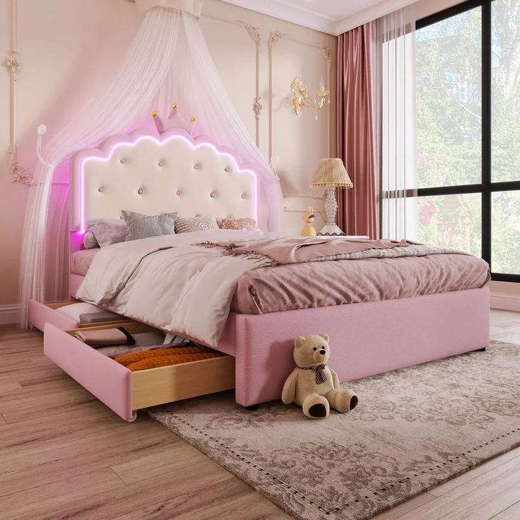 Polsterbett, 140 x 200 cm, mit Lattenrost (ohne Matratze), Ambiente-Beleuchtung mit Fernbedienung, Kronprinzessinnenform, Ausziehbett, 2 Schubladen, Material PU, Rosa – Bild 5