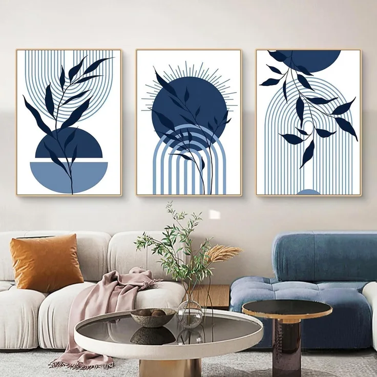 Poster 3er Boho Abstrakt Blau Pflanze Blätter Wohnzimmer L 21x30cm