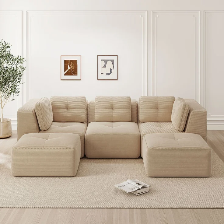 EINHOM Rahmenloses, U-förmiges Ecksofa, modulares Sektionssofa mit Ottomane, geeignet für das Wohnzimmer, dreisitziges Cord-Sofa mit tiefer Sitzfläche, keine Montage erforderlich, Beige – Bild 4