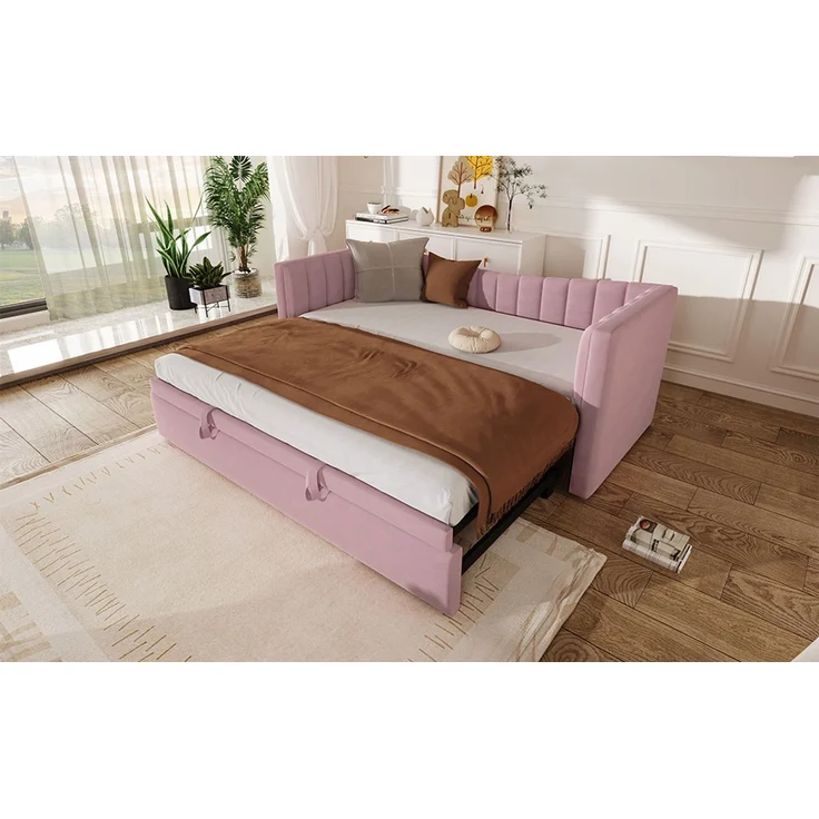 ZUBALIYA Tagesbett 90x200 / 180x200 cm, Bezug aus Samt, Außenmaße 215 x 196,5 x 75 cm, als Schlafplatz für Schlafzimmer und Gästezimmer, Rosa – Bild 12