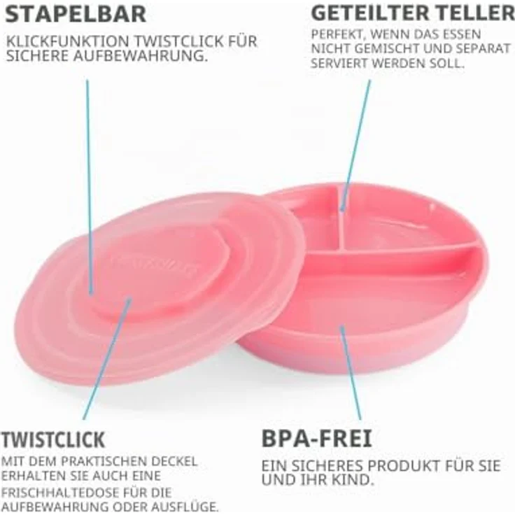 Twistshake Baby Teller | Babyteller mit luftdichtem Deckel | BPA-freier Baby-Entwöhnungsteller | 3 Teile Essenstrainingsteller | 6 Monate+ Baby-Futterteller | Neugeborenen-Essentials | Rosa – Bild 2