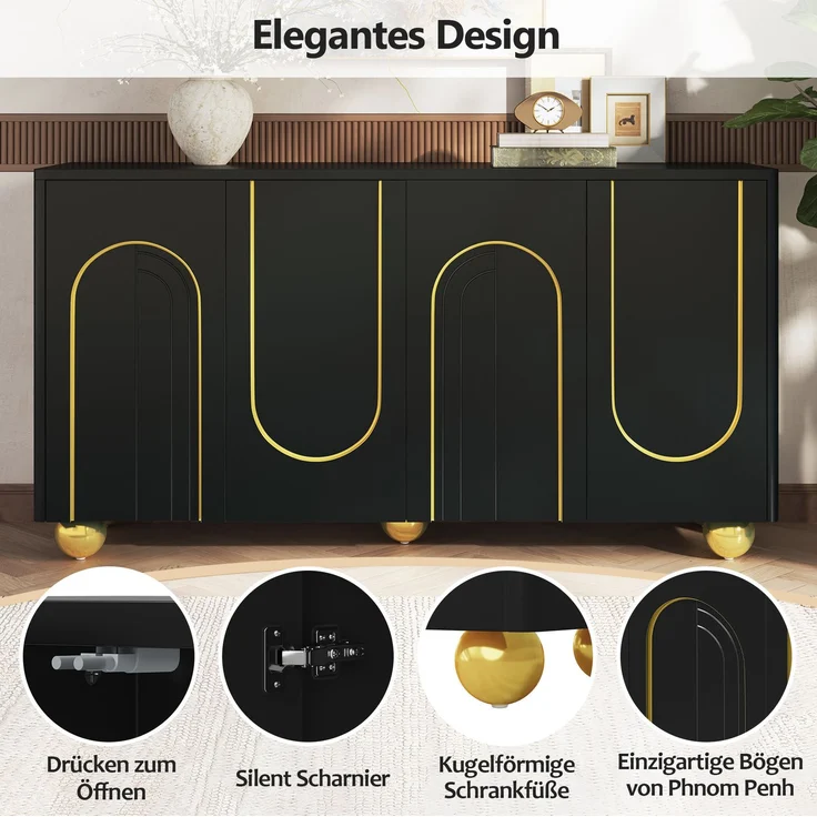 DESVIAE Sideboard Schwarz aus MDF/Spanplatte – 140x74x40 cm – 4 Türen, Gold-Bogendekor – Bild 4