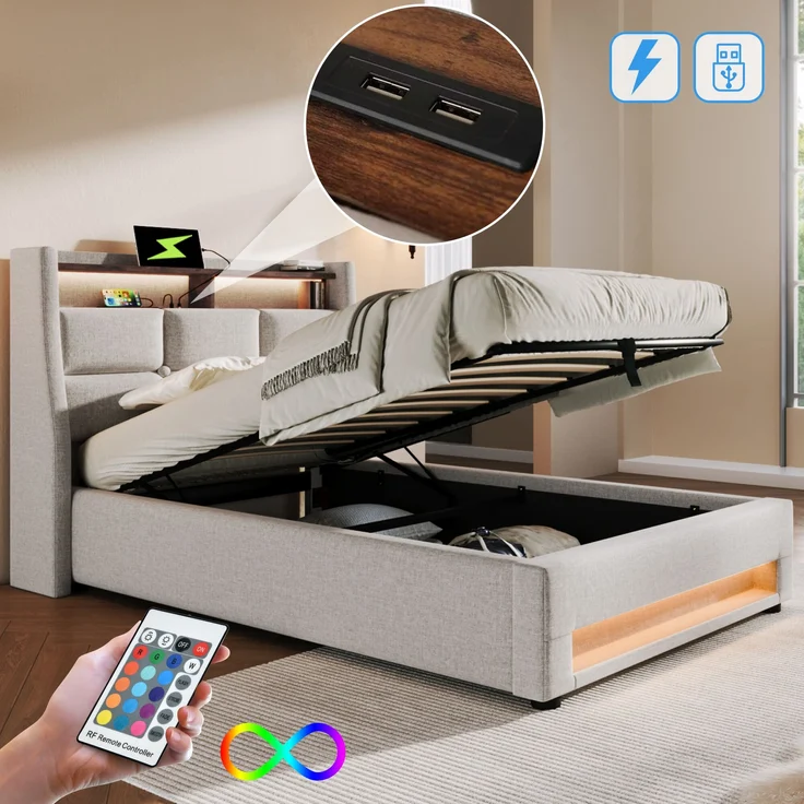 Polsterbett 90x200 cm, Leinen mit LED & USB-Anschluss, Stauraum, Beige, ohne Matratze – Bild 5