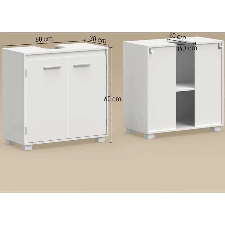 Waschbeckenunterschrank 60 x 30 x 60 cm in Weiß mit verstellbarem Regal und U-Ausschnitt – Bild 3