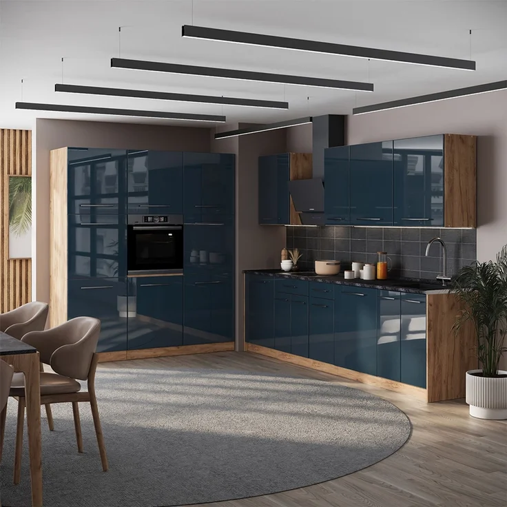 Küchenzeile Fame-Line Dunkelblau Hochglanz/Goldkraft Eiche 460 cm ohne Arbeitsplatte Vicco – Bild 5