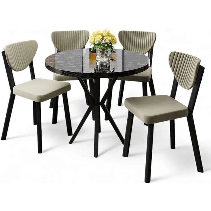 Modernes 5-teiliges Esszimmer-Set mit Tisch und Stühlen, Schwarzer Marmor & Creme, 100% melaminbeschichtet, Metallbeine, skandinavisches Design – Bild 1