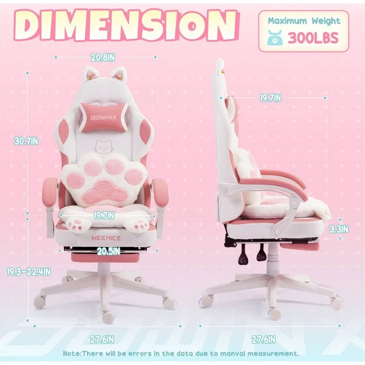 Dowinx Gaming-Stuhl Rosa Bürostuhl mit Kissen mit Katzenohren und Katzenpfoten (Packung), Ergonomischer Computerstuhl mit Fußstütze, PC-Spiele-Stuhl für Mädchen – Bild 3