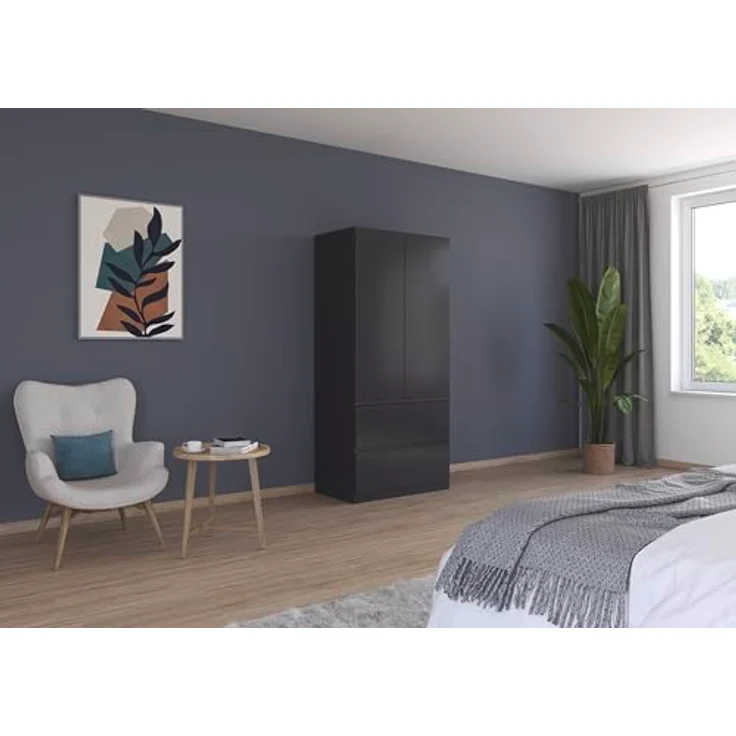 Rauch Möbel Costa, Kleiderschrank für Schlafzimmer, Kinderzimmer, Babyzimmer, Garderobe, Flur, 2-türig, 2 Schubladen, Push-to-Open, mit Zubehör Premium, Farbe Grau metallic, Schwarz, Breite 91 cm – Bild 5