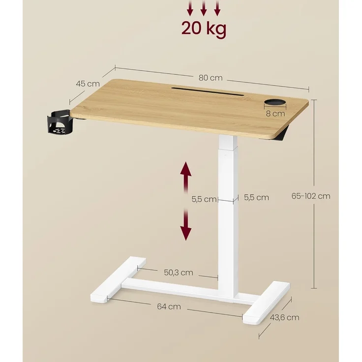 VASAGLE Beistelltisch mit Rollen, mobiler Stehtisch, 80x45 cm große Tischplatte, verstellbare Höhe, 2 Getränkehalter, Schlitz für Handy oder Tablet, goldeichenfarben LSD601YA01 – Bild 6