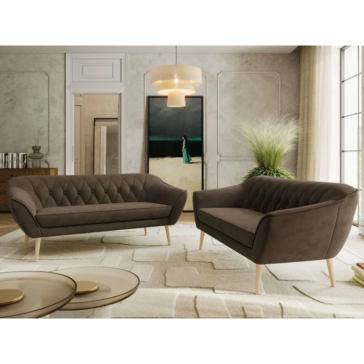 Wohnzimmerset Möbelset PIRS 3-3, Armlehnen, Wellenfederung, Buche Füße, Dreisitzer Sofa, Polstermöbel Set - Hellgrau Velvet – Bild 3