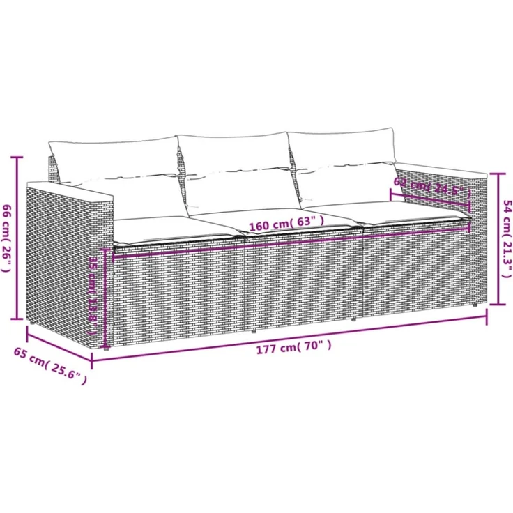 vidaXL Gartensofa mit Kissen 3-Sitzer Schwarz Poly Rattan 365829 – Bild 4
