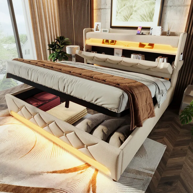 Merax Polsterbett 140*190cm, Doppelbett, Stauraum Kopfteil mit USB und Typ C-Port ,360-Surround-LED-Funktion rund um Kopf- und Fußende des, Leinen, Beige