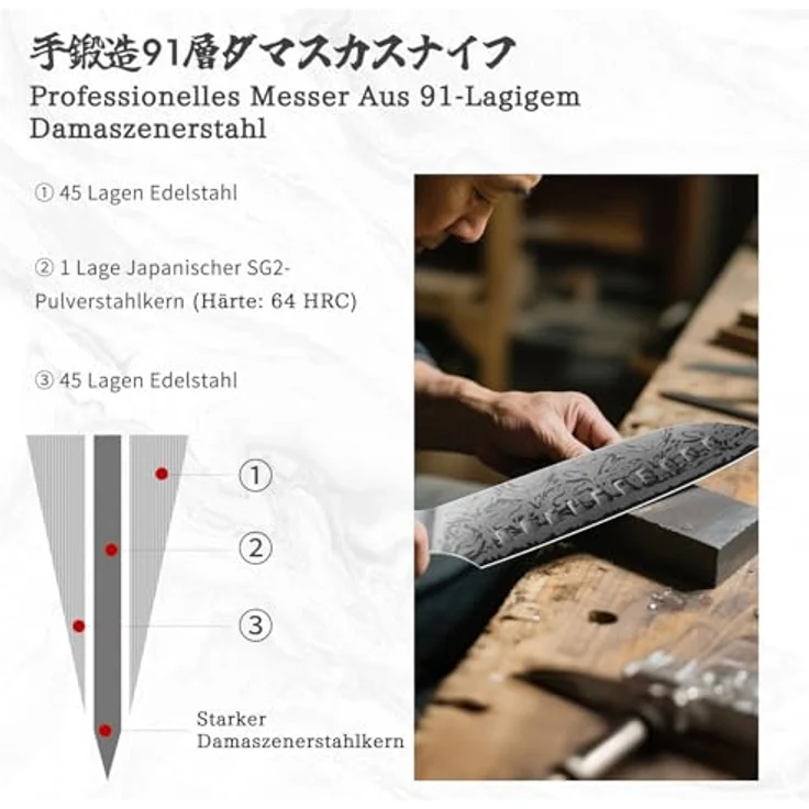 SHAN ZU Damast Santokumesser, 18cm Japanisches Küchenmesser aus SG2-Pulverstahl, Handgeschmiedetes Profi Kochmesser aus 91 Schichten Damaststahl, Ergonomischer Ahorngriff – WHITE TIGER Series – Bild 7