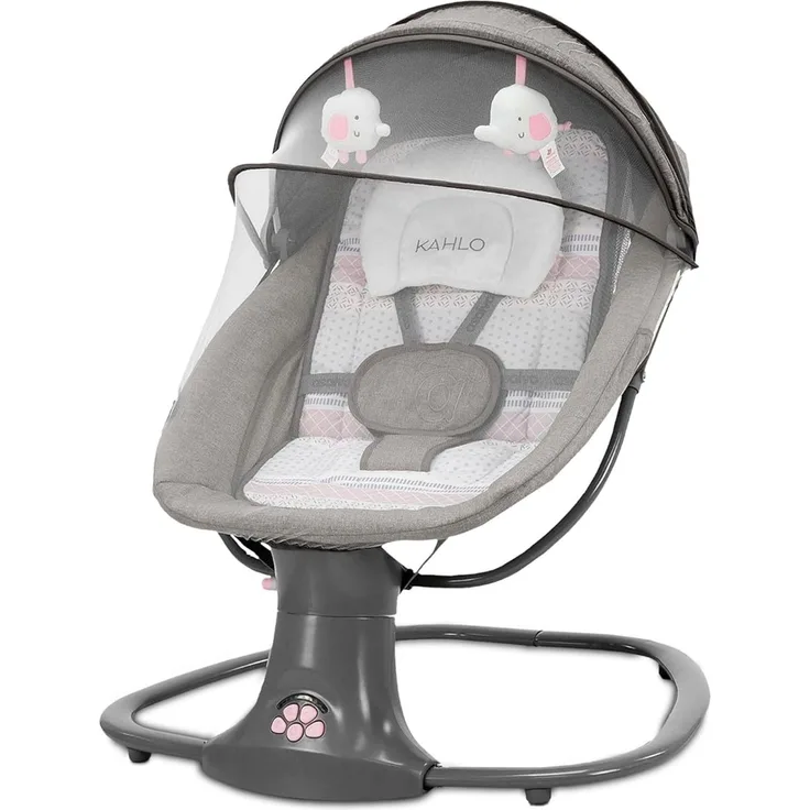 Asalvo KHALO Hollywoodschaukel mit Musik und Bluetooth, automatisches Schaukeln, 5 Stufen, Verdeck mit Moskitonetz, Spielzeug mit 2 Spielzeugen, Kopfstütze, von 0 Monaten bis 9 kg, waschbares Textil
