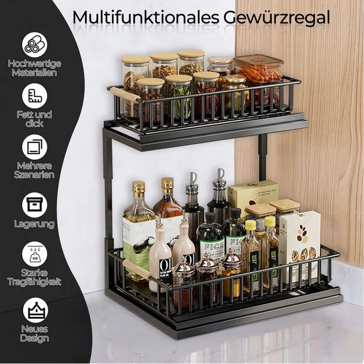 Rhein Beleuchtung Küchenorganizer-Set L-Design Küchenunterschrank Organizer Regal Weiß, 2-stufig, (Set, 1-tlg, Küchen Organizer & Küchenregal für Bad/Küche – kompakt & robust), Ausziehbarer Schrank Organizer – ohne Bohren & flexibel verstellbar – Bild 2