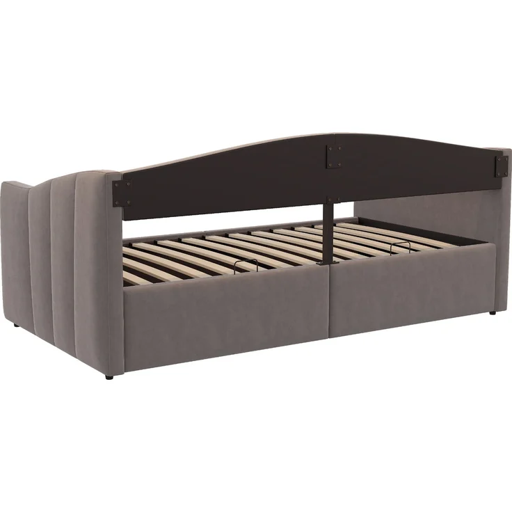 Polsterbett Sofabett 90*200 cm, Mit hydraulischer Lagerung, Mit Lattenrost und Armlehnen, Klassisch Gestreift, Multifunktionales Einzelbett, Hautfreundlicher Samtstoff, Grau – Bild 9