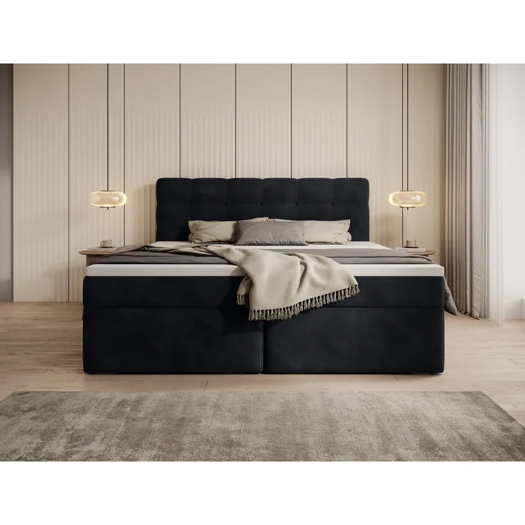 thematys Boxbett Luxus mit Bettkasten 180x200cm, mit Bonnellfederkernmatratze H3, Bouclé/Velours, mit Stauraum, mit 3 cm Topper, Schwarz (Holland 19), Art.-Nr. S0WGG0AN3VD – Bild 4