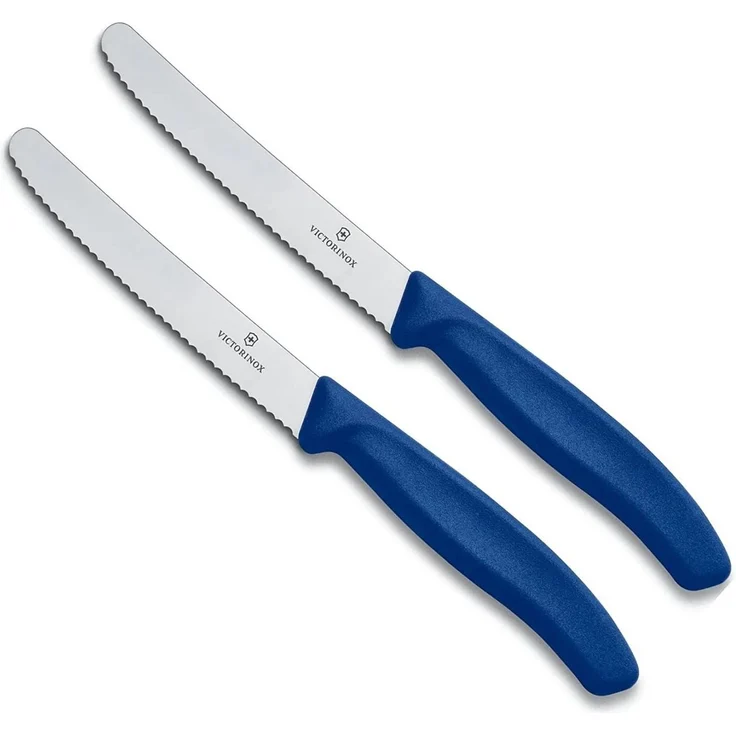 Victorinox Tafelmesser Set mit Wellenschliff und ergonomische Griffe, spülmaschinengeeignet, 2-teilig, Polypropylen blau