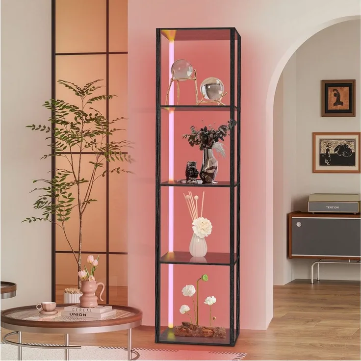 XIIW Standvitrine Eckvitrine Eckschrank Eckregal mit Dimmbare LED, Vitrine 5-Ebenen Holz (Fernbedienung, 2700K - 6500K, 39 x 29 x 160 cm, Stehlampe Regal) Präsentation und Organisation Für Wohnzimmer Flur Zimmer usw.