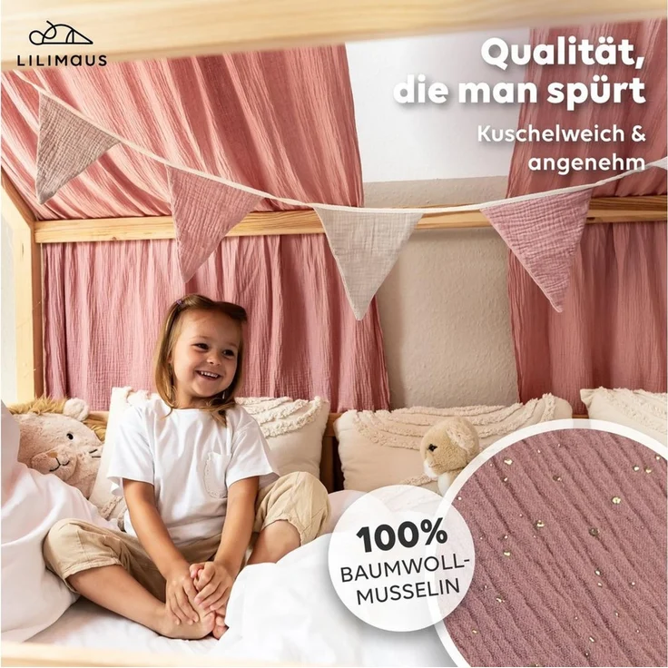 lilimaus Betthimmel Hausbett Himmel Gold aus Musselin - 2er-Set für Kinderbett (1-tlg), 2 Stoffbahnen mit feinen Goldapplikationen - schnell montiert – Bild 2