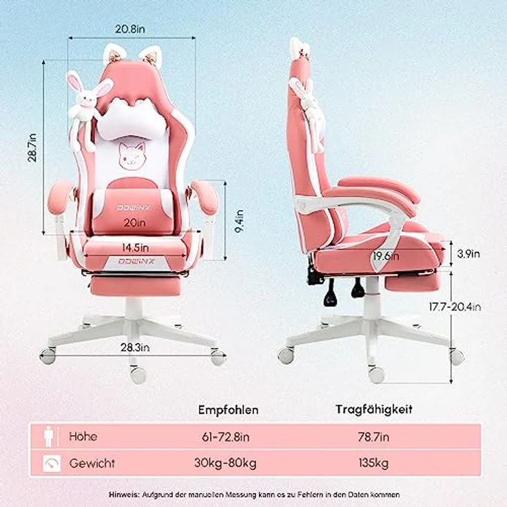 Dowinx Gaming Stuhl - Süße Katze Edition - Ergonomischer Computerstuhl mit Hoher Rückenlehne und Lendenwirbelstütze, PU-Leder, Fußstütze,Rosa – Bild 4